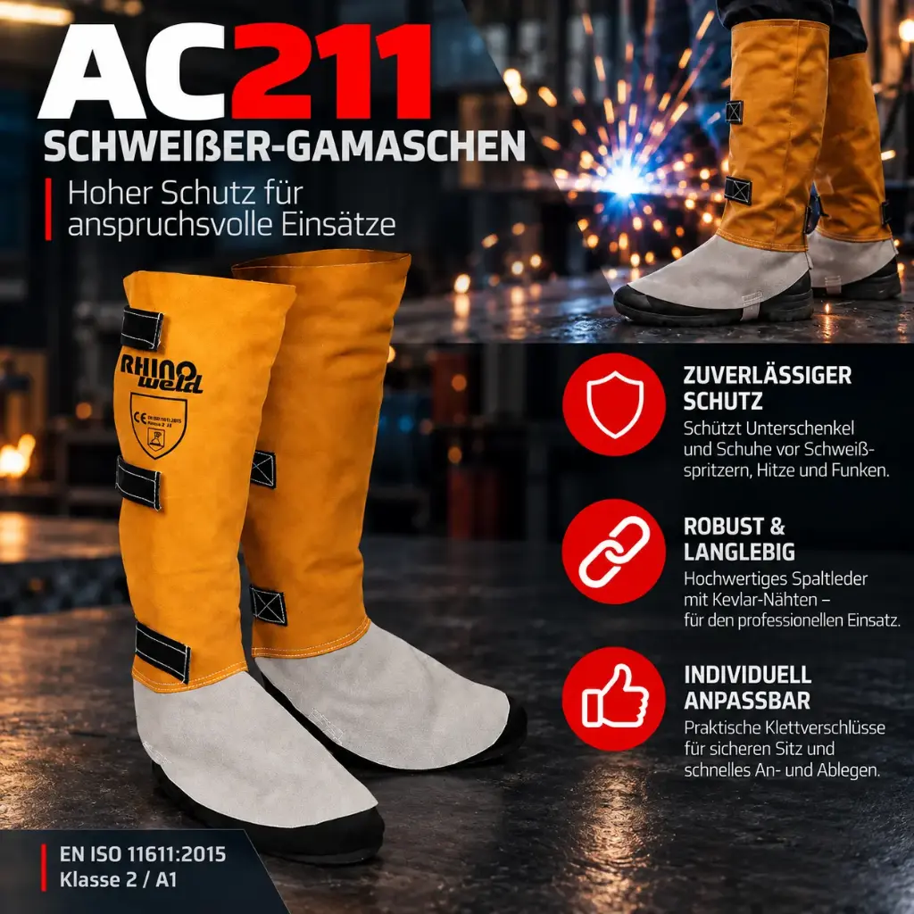 RhinoWeld AC211 Schweißer-Gamaschen – hohe Ledergamaschen mit Klettverschluss