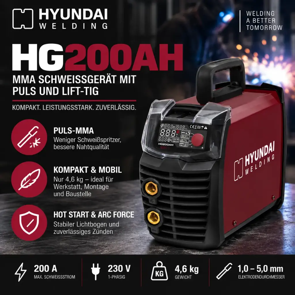 Hyundai Welding HG200AH – 200 A Puls MMA Elektrodenschweißgerät mit Lift-TIG