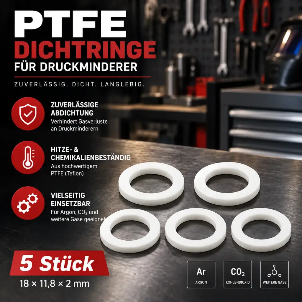 5 Stück PTFE / Teflon Dichtringe für Druckminderer – 18 × 11,8 × 2 mm