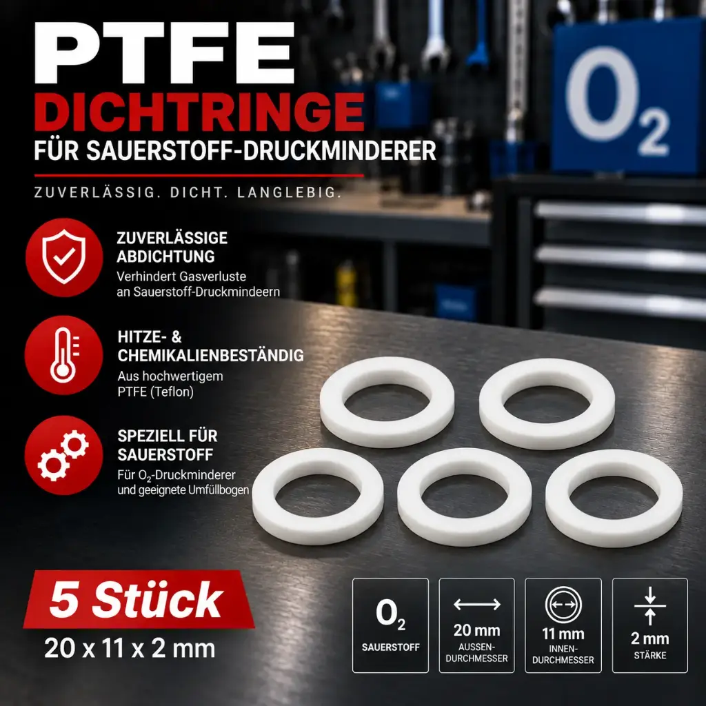 5 Stück PTFE / Teflon Dichtringe für Sauerstoff-Druckminderer – 20 × 11 × 2 mm