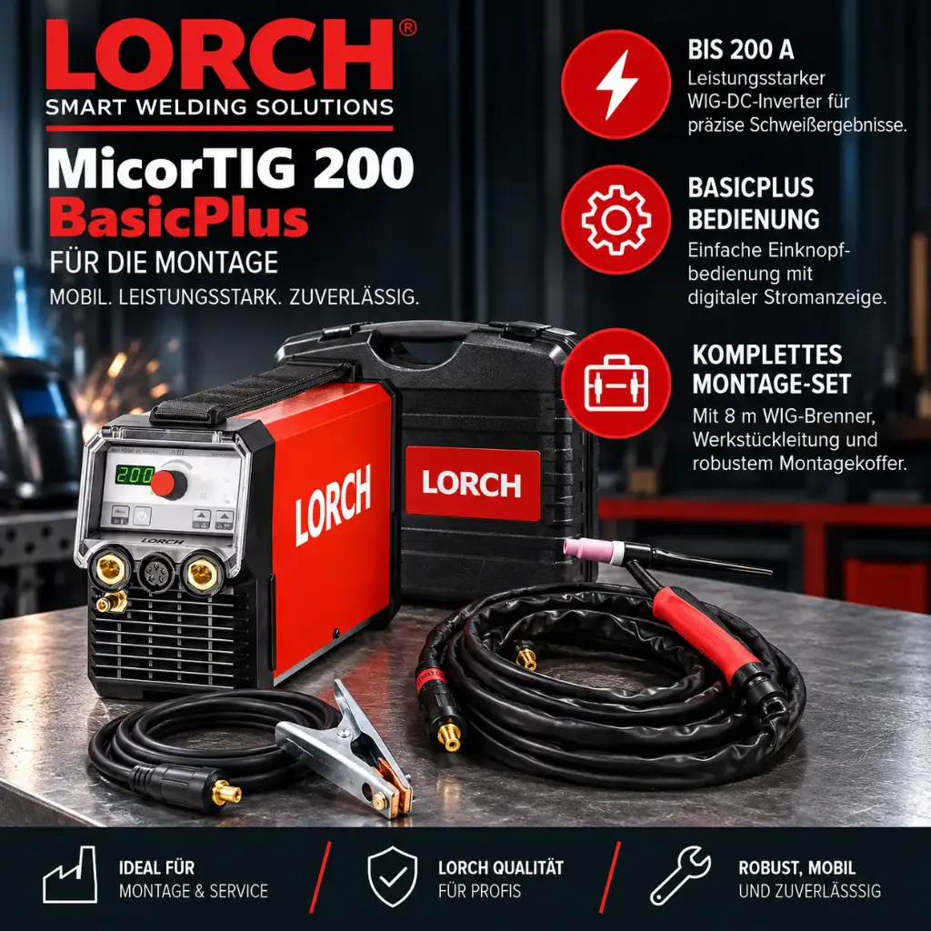 Lorch MicorTIG 200 BasicPlus für die Montage – mobiler WIG-DC-Inverter bis 200 A mit 8-m-Brenner & Montagekoffer