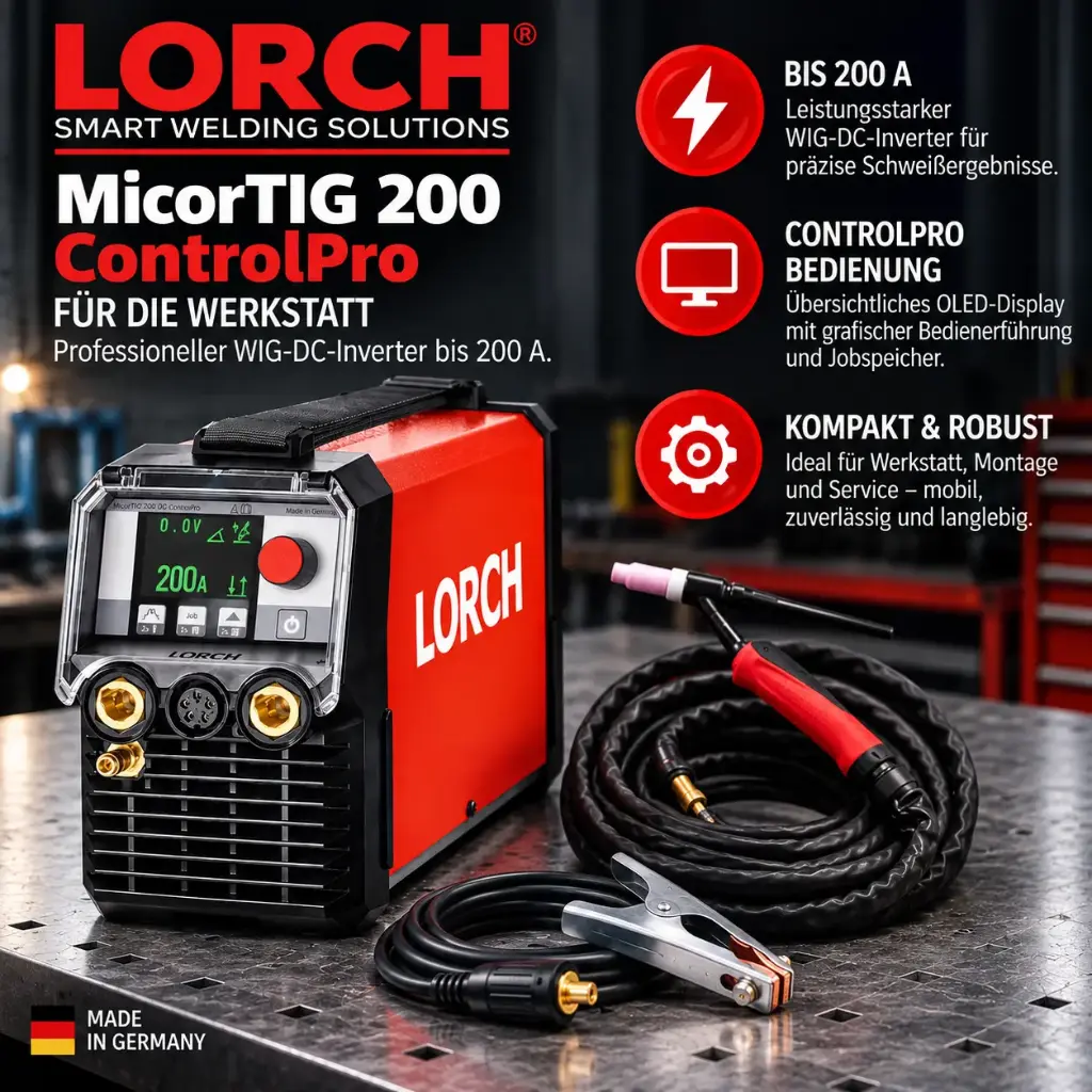 Lorch MicorTIG 200 ControlPro für die Werkstatt – professioneller WIG-DC-Inverter bis 200 A | 108.7127.0
