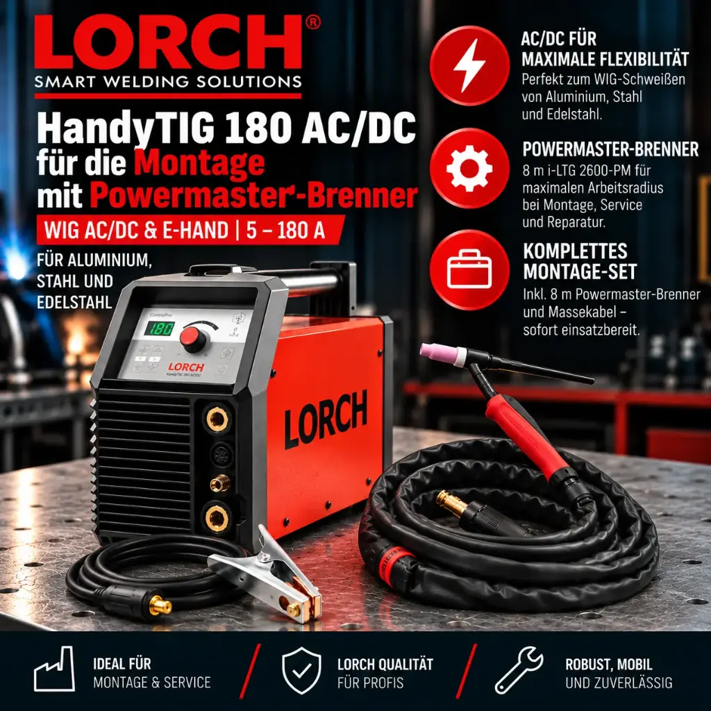 Lorch HandyTIG 180 AC/DC für die Montage mit Powermaster-Brenner – professioneller WIG-Inverter bis 180 A