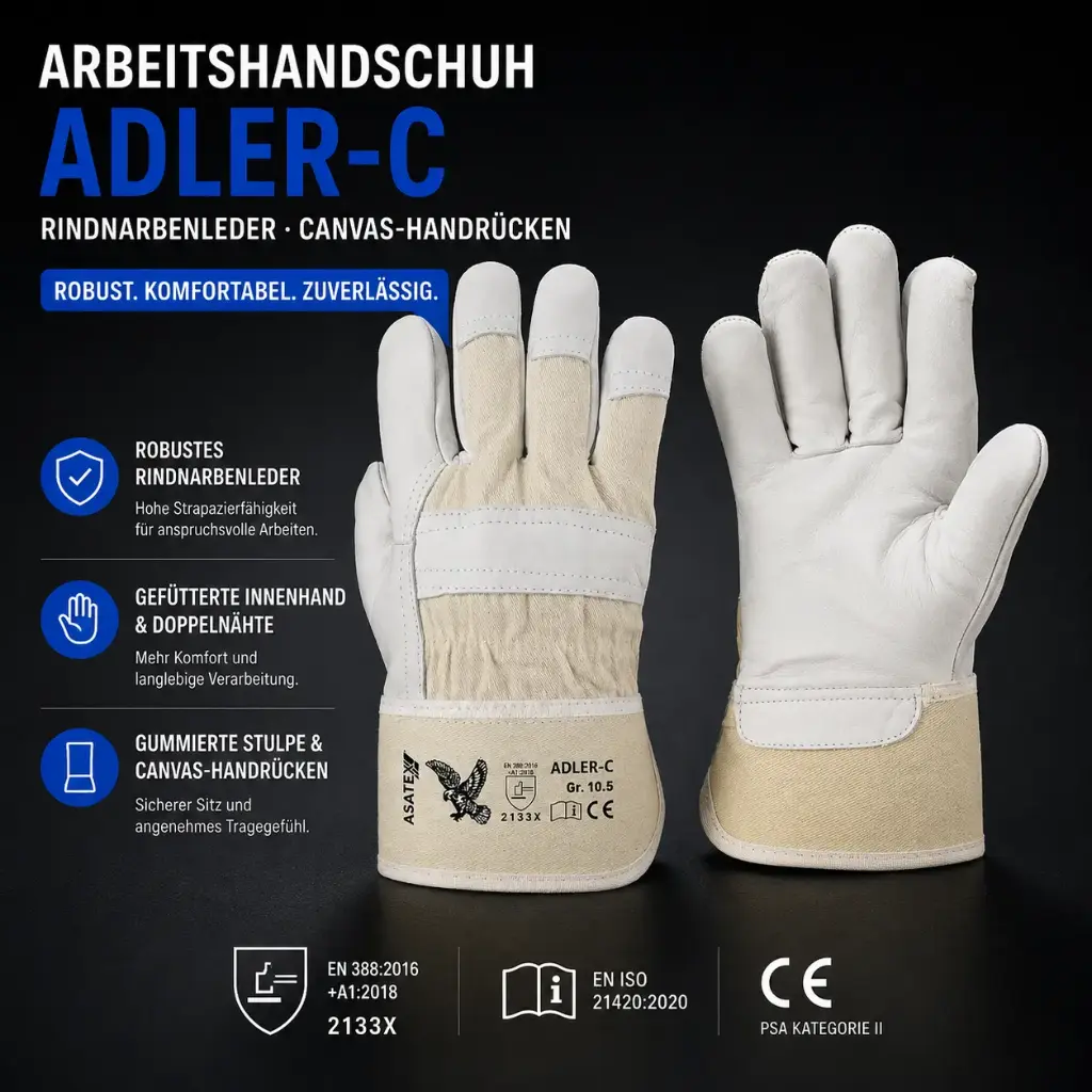 Arbeitshandschuh ADLER-C – Rindnarbenleder mit Canvas-Handrücken & gummierter Stulpe