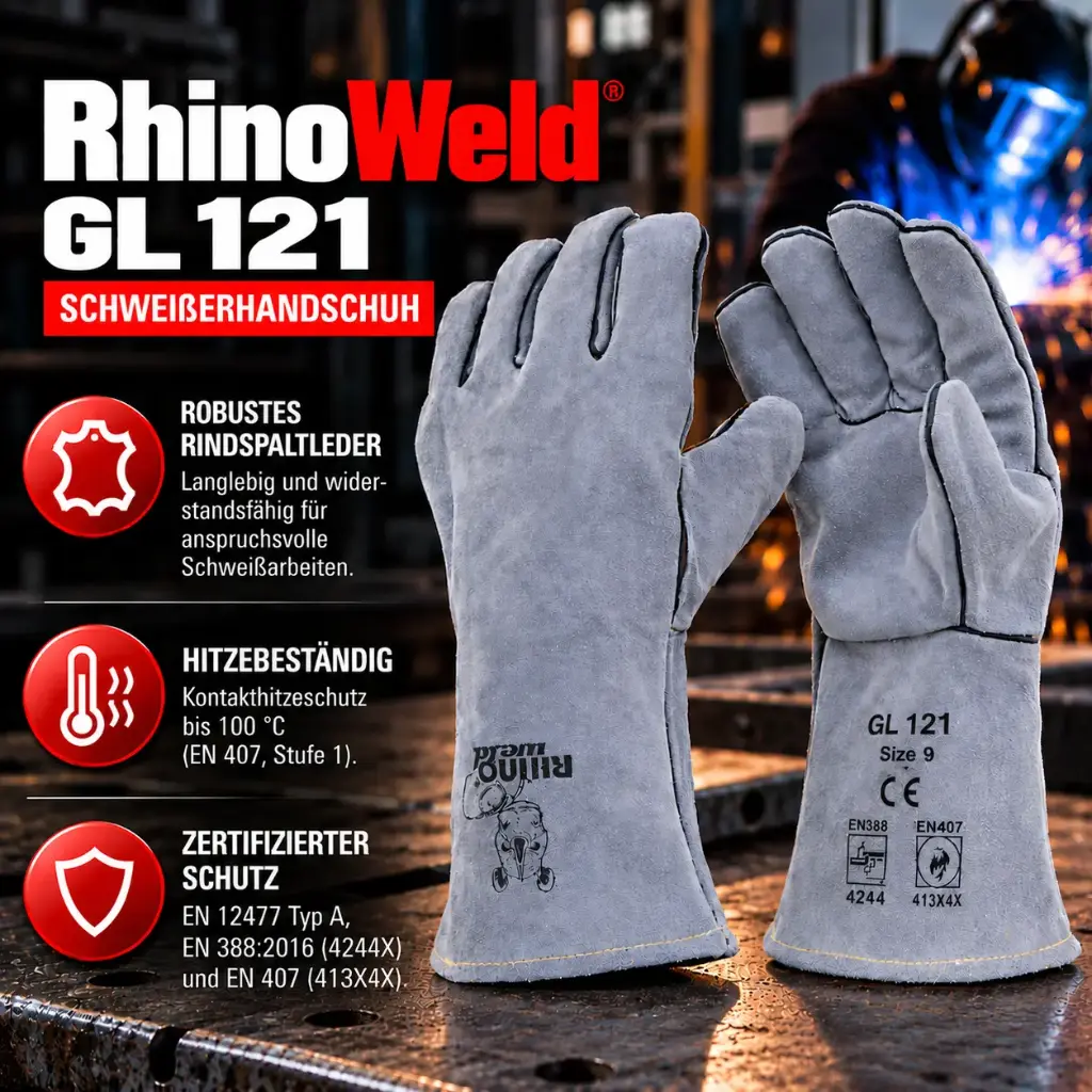 RhinoWeld Schweißerhandschuh GL 121 – Hitzebeständiger Leder-Schutzhandschuh aus Rindspaltleder | EN 12477 Typ A