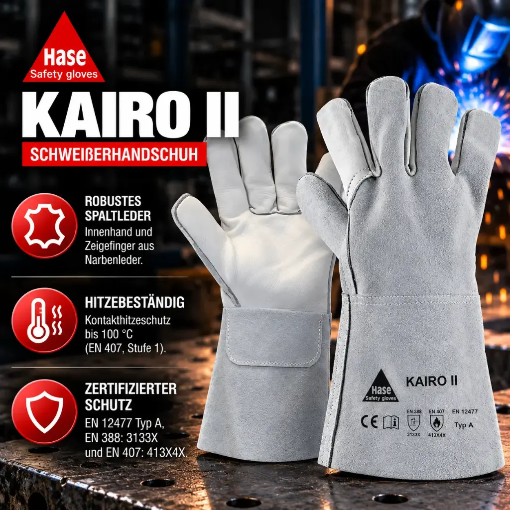 Hase Kairo II Schweißerhandschuh – Robuster Lederhandschuh aus Spaltleder mit Narbenleder-Innenhand | EN 12477 Typ A