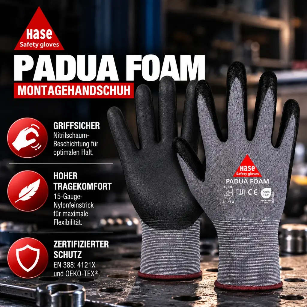 Hase Padua Foam Montagehandschuh – Nylonfeinstrick mit Nitrilschaum-Beschichtung | EN 388 | OEKO-TEX®