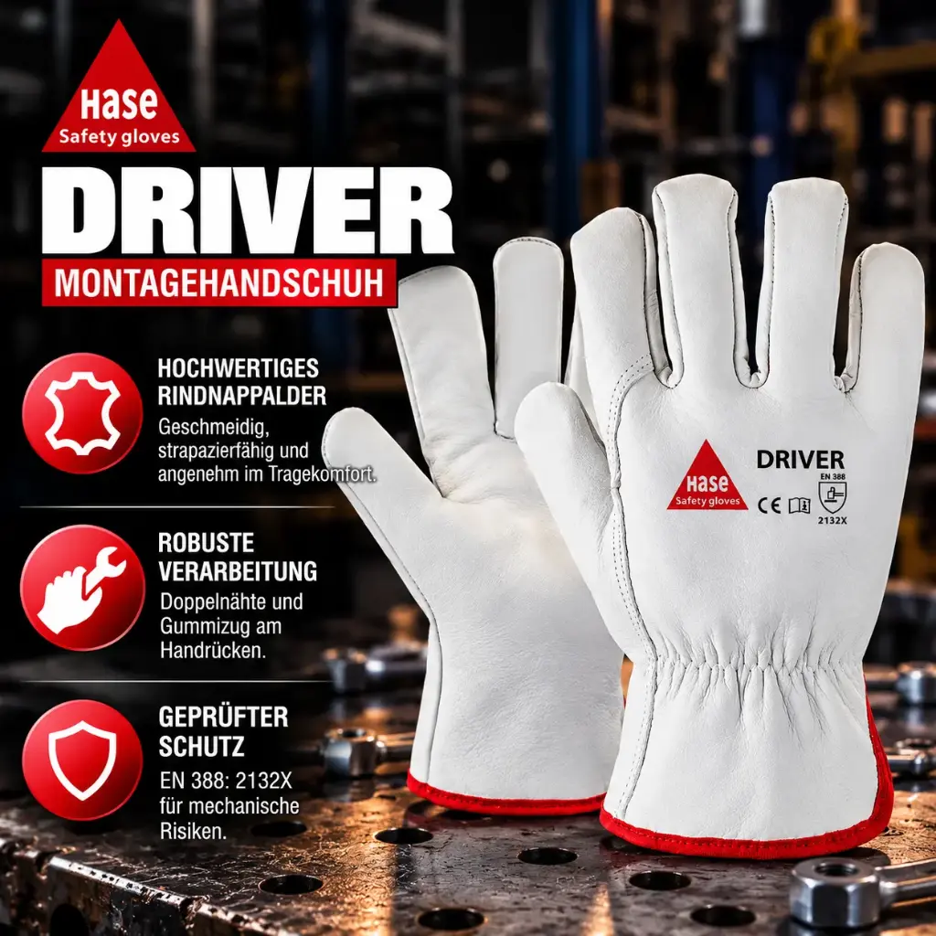 Hase Driver Montagehandschuh aus Rindnappaleder – Robuster Leder-Arbeitshandschuh | EN 388: 2132X