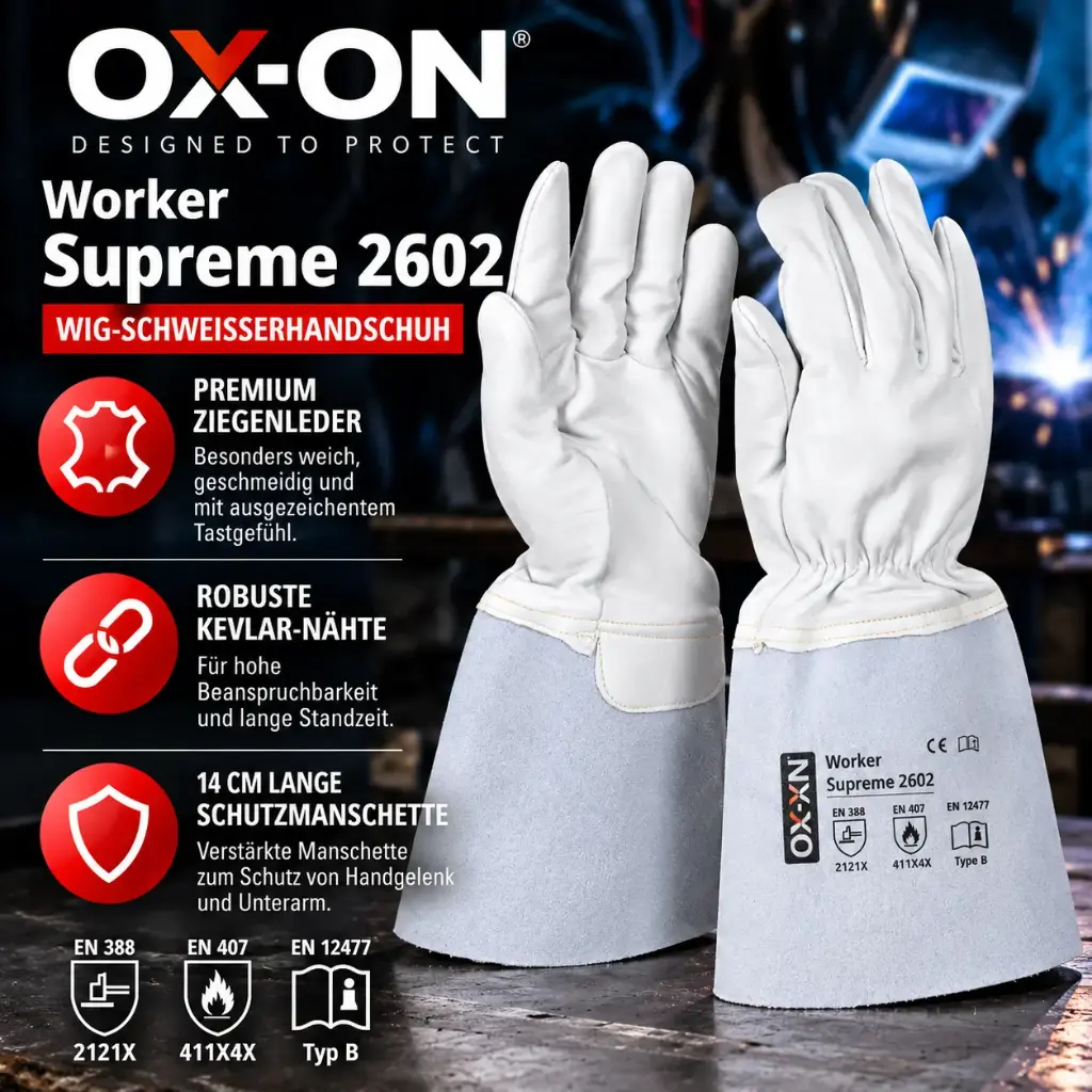 OX-ON Worker Supreme 2602 – Premium WIG-Schweißerhandschuh aus Ziegenleder mit Kevlar-Nähten | EN 12477 Typ B