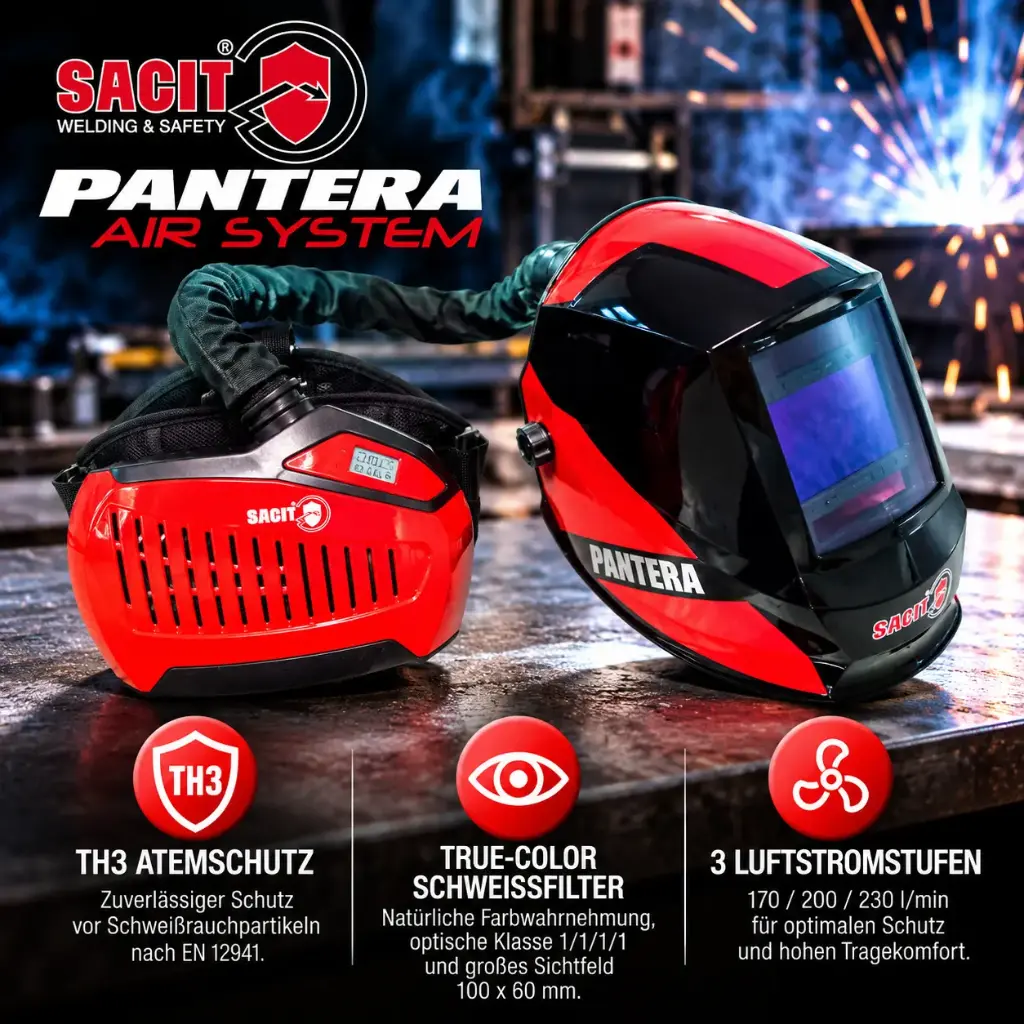 SACIT Pantera Air System TH3 – Automatik-Schweißhelm mit Gebläseatemschutz, True Color & 3-stufigem Luftstrom